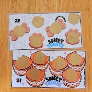 Può includere: Due carte con sfondo bianco e coriandoli colorati. Ogni carta ha il numero "21" stampato su di essa. La carta superiore ha cinque cerchi dorati con un disegno di fiore rosa. La carta inferiore ha cinque cerchi dorati con un disegno di gelato sandwich arancione. Entrambe le carte hanno il testo "Sweet Treats" stampato su di esse.