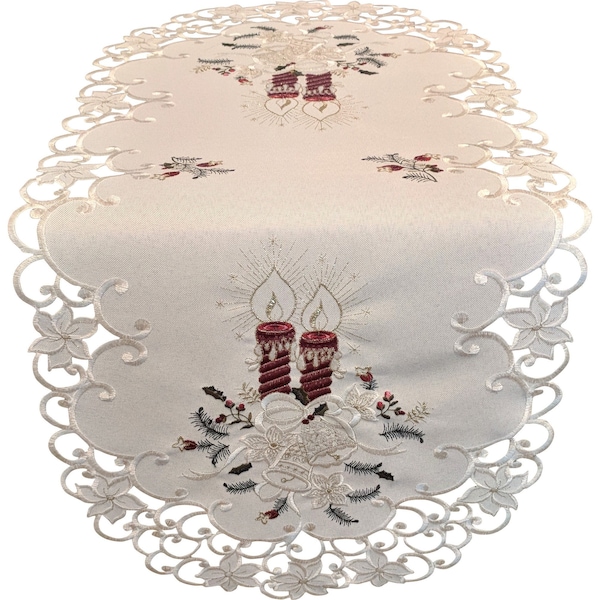 Table Runner, Dresser Scarf, or Doily with Burgundy Victorian Candles Embroidered on Ivory Burlap Linen Fabric, Various Sizes Available