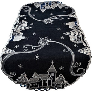 Christmas Holiday Table Runner, Dresser Scarf, Table Cloth, Place Mat or Doily with a Blue Village and Church, Various Sizes Available