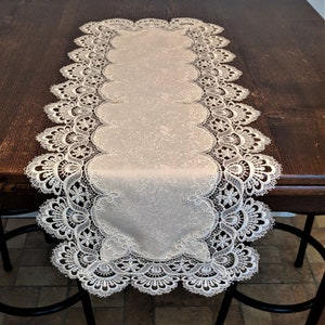 Table Runner, Dresser Scarf, Table Cloth, Place Mat or Doily with Bleached White European Lace and matching Fabric in Various Sizes