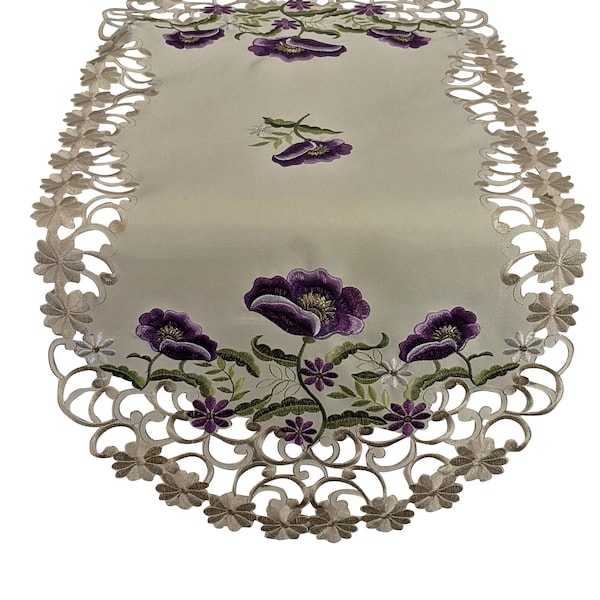 Table Runner, Dresser Scarf, Tablecloth, Place Mat or Doily with Purple Poppy Flowers on Ivory Fabric Various Sizes