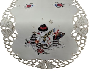 Christmas Table Runner or Placemat with a Snowman on Ivory Fabric Various sizes