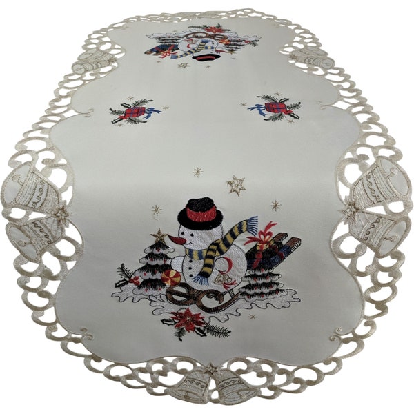 Christmas Table Runner, Dresser Scarf, Table Cloth, Place Mat or Doily with a Snowman on Ivory Fabric Various sizes