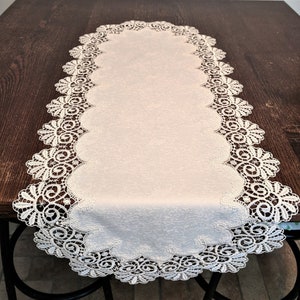 Table Runner, Dresser Scarf, Table Cloth, Place Mat or Doily in Ivory or Bleached White  Fancy Lace with Polyester Fabric in Various Sizes