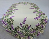 Table Runner, Dresser Scarf, Tablecloth, Place Mat or Doily with Purple Lavender Lilac Flowers on Antique White Fabric Various Sizes
