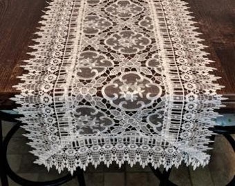 Table Runner, Dresser Scarf, Table Cloth, Place Mat, or Doily in Sheer Floral Antique White Lace Various Sizes Available