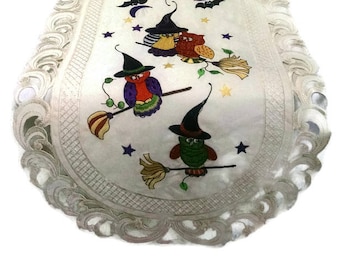 Halloween Table Runner, Embroidered Owls and Witches, Ivory Fabric Various Sizes