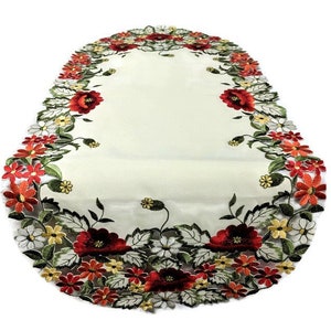 Table Runner, Dresser Scarf, Table Cloth, Place Mat or Doily with Red Poppy Flowers on Antique White Fabric Various Sizes Available