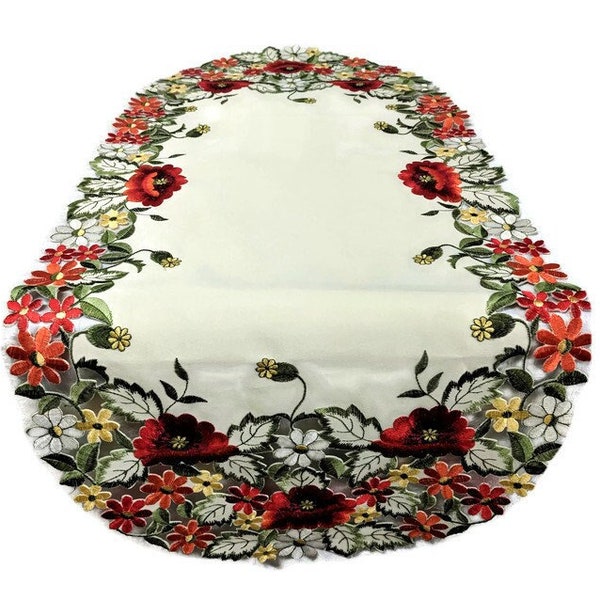 Chemin de table, écharpe de commode, nappe, set de table ou napperon avec des fleurs de pavot rouges sur du tissu blanc antique Différentes tailles disponibles
