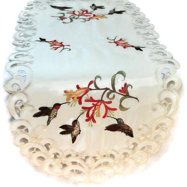 Table Runner, Dresser Scarf, Table Cloth, Place Mat or Doily with Hummingbirds and Trumpet Flowers on Ivory Fabric Various Sizes Available