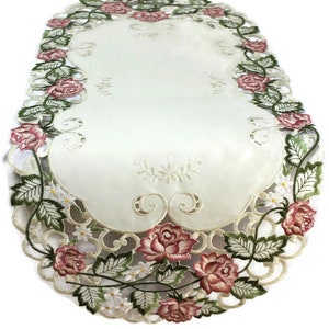 Table Runner, Dresser Scarf, Place Mat, Doily, or Table Cloth Embroidered with a Victorian Pink Rose on Ivory Fabric Various Sizes Available