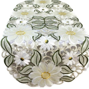 Table Runner, Dresser Scarf, Place Mat, Doily, or Table Cloth Embroidered with Large Yellow Daisy Flower Cutwork in Various Sizes Available
