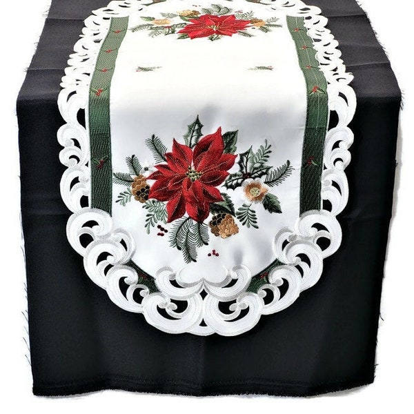Christmas Table Runner, Dresser Scarf, Table Cloth, Place Mat or Doily with Red Poinsettias on Bleached White Fabric Various Sizes Available