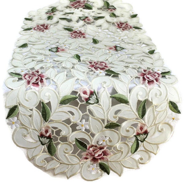 Table Runner, Dresser Scarf. Place Mat, Doily with Light Pink Cut Work Roses Embroidered on Ivory Fabric Various Sizes Available