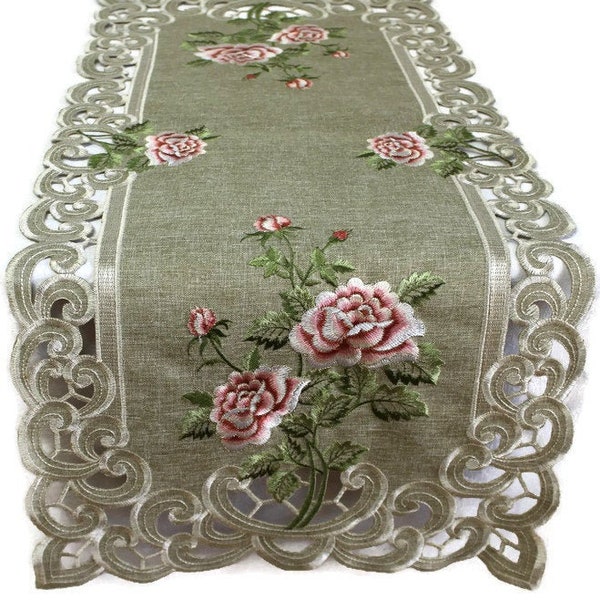 Table Runner, Dresser Scarf, Place Mat, Doily, or Table Cloth Embroidered with Pink Roses on Sage Green Burlap Linen Fabric in Various Sizes