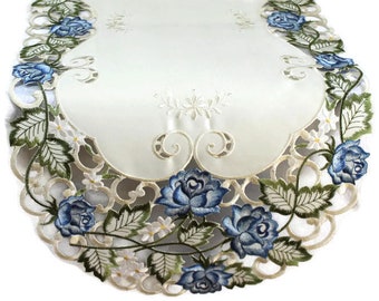 Table Runner, Dresser Scarf, Table Cloth, Place Mat, or Doily Embroidered with Blue Roses on Ivory Material, Various Sizes Available