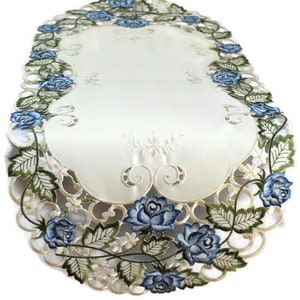 Table Runner, Dresser Scarf, Table Cloth, Place Mat, or Doily Embroidered with Blue Roses on Ivory Material, Various Sizes Available