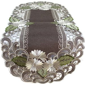Table Runner, Dresser Scarf, Place Mat, or Doily Embroidered with White Daisies on Brown Burlap Linen Fabric Various sizes Available