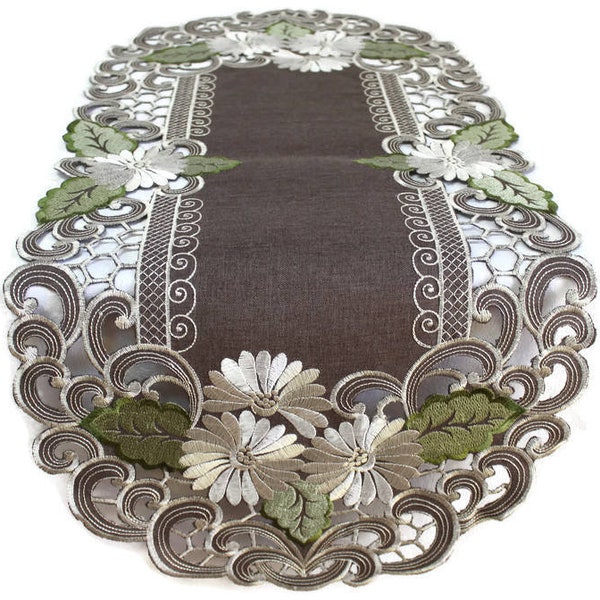 Table Runner, Dresser Scarf, Place Mat, or Doily Embroidered with White Daisies on Brown Burlap Linen Fabric Various sizes Available