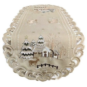 Christmas Table Runner, Dresser Scarf, Table Cloth, Place Mat or Doily with a Cabin and Pine Trees on Tan Burlap Linen Fabric Various sizes