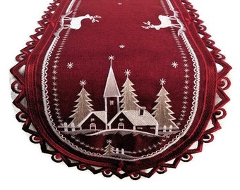 Christmas Table Runner, Dresser Scarf, Table Cloth, Place Mat or Doily with a Church and Trees on Red Burlap Linen Fabric Various sizes