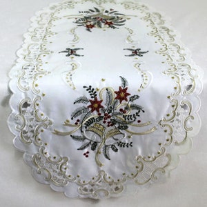 Christmas Holiday Table Runner or Dresser Scarf with Silver Bells on Bleached White Fabric Various Sizes Available