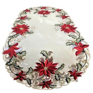 Christmas Table Runner, Dresser Scarf, Table Cloth, Place Mat or Doily with Large Red Poinsettias on Antique White Fabric Various sizes