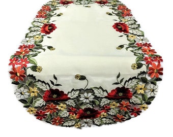 Chemin de table, écharpe de commode, nappe, set de table ou napperon avec des fleurs de pavot rouges sur du tissu blanc antique Différentes tailles disponibles