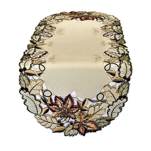 Table Runner, Dresser Scarf, Table Cloth, or Doily Embroidered with Fall Maple Leaves on Ivory Material, Various Sizes Available