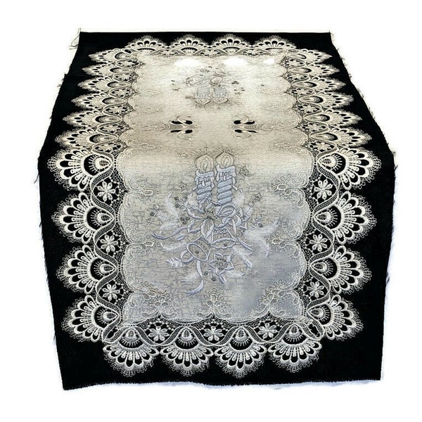 Christmas Table Runner, Dresser Scarf, Table Cloth, Place Mat or Doily with White Candles on White Fabric with Lace Various Sizes Available