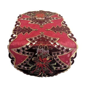 Christmas Table Runner, Dresser Scarf, Table Cloth, Place Mat or Doily with Red Trees on Sheer Fabric Various sizes