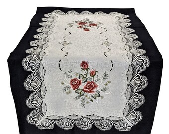 Place Mat Table Cloth Dresser Scarf Table Runner or Doily with Gold European Lace sewn on Antique White Fabric Various Sizes Available