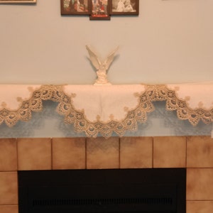 Fireplace Mantel Scarf with Gold European Lace sewn on Antique White Fabric Handmade Size 96 x 17 inches