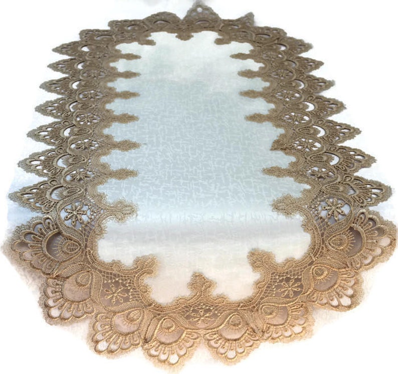Place Mat Table Cloth Dresser Scarf Table Runner or Doily with Gold European Lace sewn on Antique White Fabric Various Sizes Available