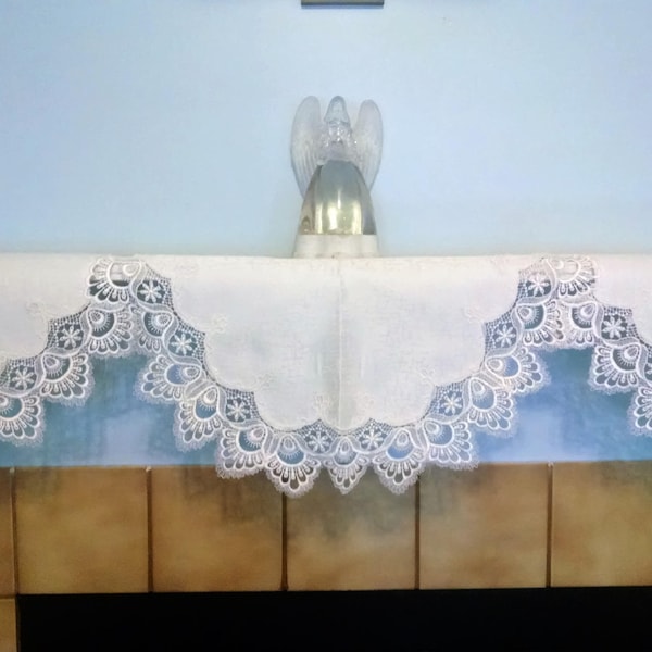 Fireplace Mantel Scarf with Antique White European Lace sewn on Antique White  Fabric Size 96 x 17 inches