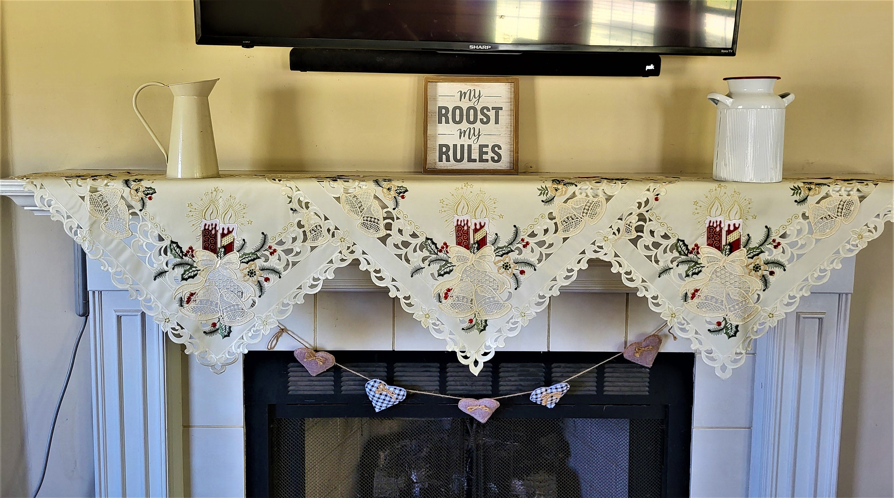 Fireplace Mantle Scarf Christmas Holiday With Red Candles and Lace