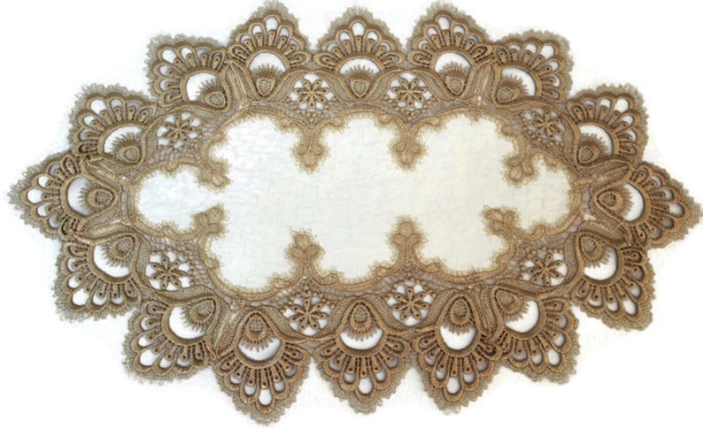 Place Mat Table Cloth Dresser Scarf Table Runner or Doily with Gold European Lace sewn on Antique White Fabric Various Sizes Available