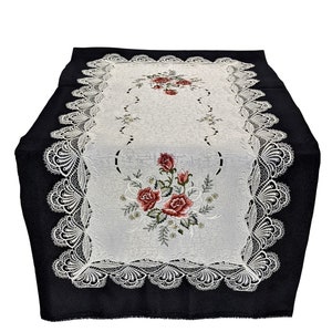 Table Runner, Dresser Scarf, Table Cloth, Place Mat or Doily with a Burgundy Rose on Antique White Fabric with Lace Various Sizes Available