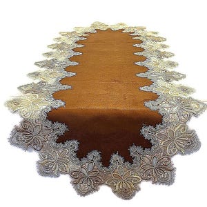 Table Runner, Dresser Scarf, Coffee Table Runner, Place Mat or Doily with Gold Vintage Lace on Brown Micro Suede Fabric Various sizes