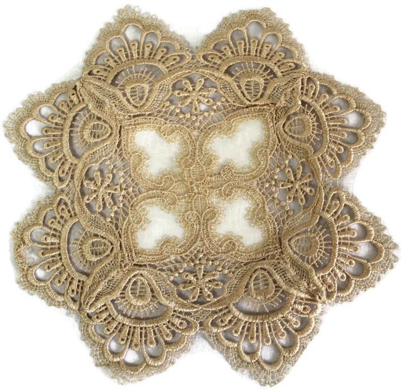 Place Mat Table Cloth Dresser Scarf Table Runner or Doily with Gold European Lace sewn on Antique White Fabric Various Sizes Available