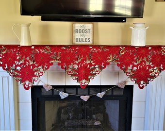 Fireplace Mantle Scarf Christmas Holiday with Red Cut Work Poinsettias Size 84 x 27 inches
