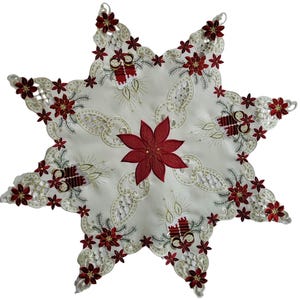 Embroidered Christmas Star Table Topper, Antique White & Red Candles 36 inch