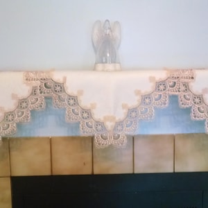 Fireplace Mantel Scarf with Gold European Lace sewn on Antique White Fabric Size 84 x 27 inches