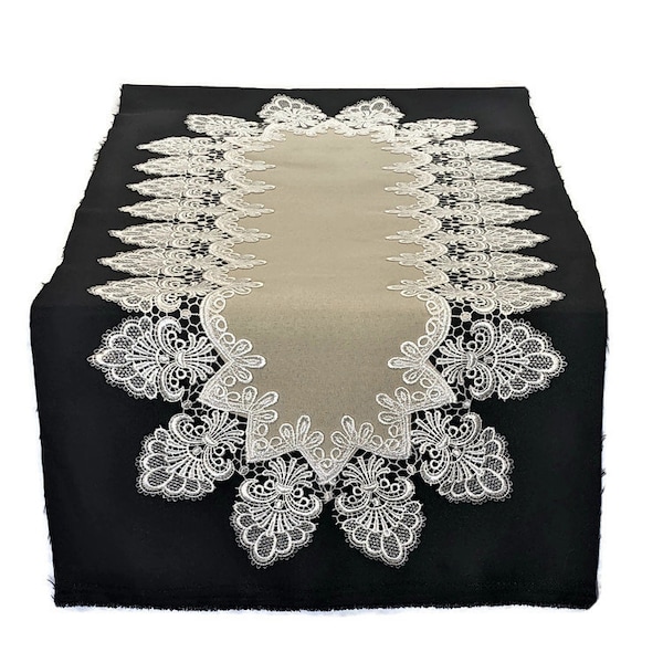 Table Runner, Dresser Scarf, Table Cloth, Place Mat or Doily with Venetian Lace on Burlap Linen Polyester Fabric Various Sizes Availables