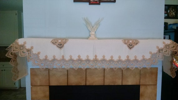 Fireplace Mantel Scarf With A Bold Gold Lace Sewn On Antique Etsy