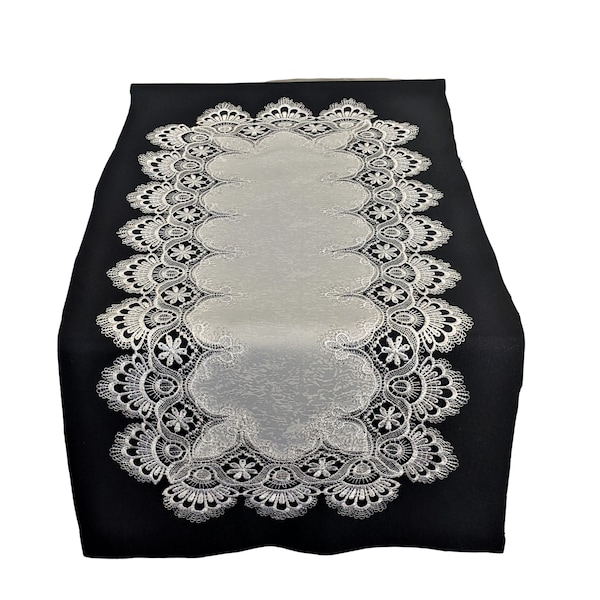 Table Runner, Dresser Scarf, Table Cloth, Place Mat or Doily in Antique White European Peacock Lace and Fabric Various Sizes Available