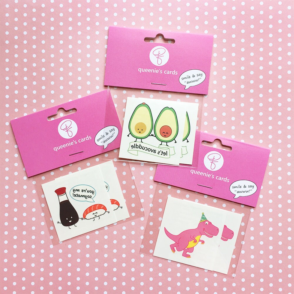 Temporary Tattoo Set of 10- sushi soy sauce t-rex dinosaur avocuddle  avocado food cute cartoon pun fun party favor