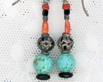 Vintage Carved Turquoise and Coral Dangles