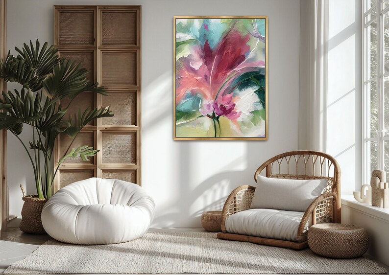 floral, colorful, pink floral, green, light blue, pastel, whimsical, framed canvas wall art, hand painted, handmade, acrylic painting, light colors, oversized painting, oversized wall art, wall painting, wall decor, abstract painting, wall art