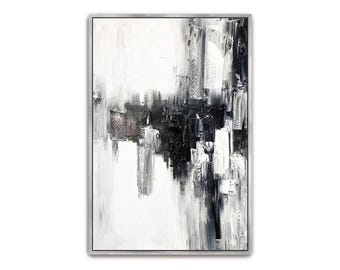 手描きの抽象キャンバスアート：黒、白、グレーの幾何学模様の壁装飾